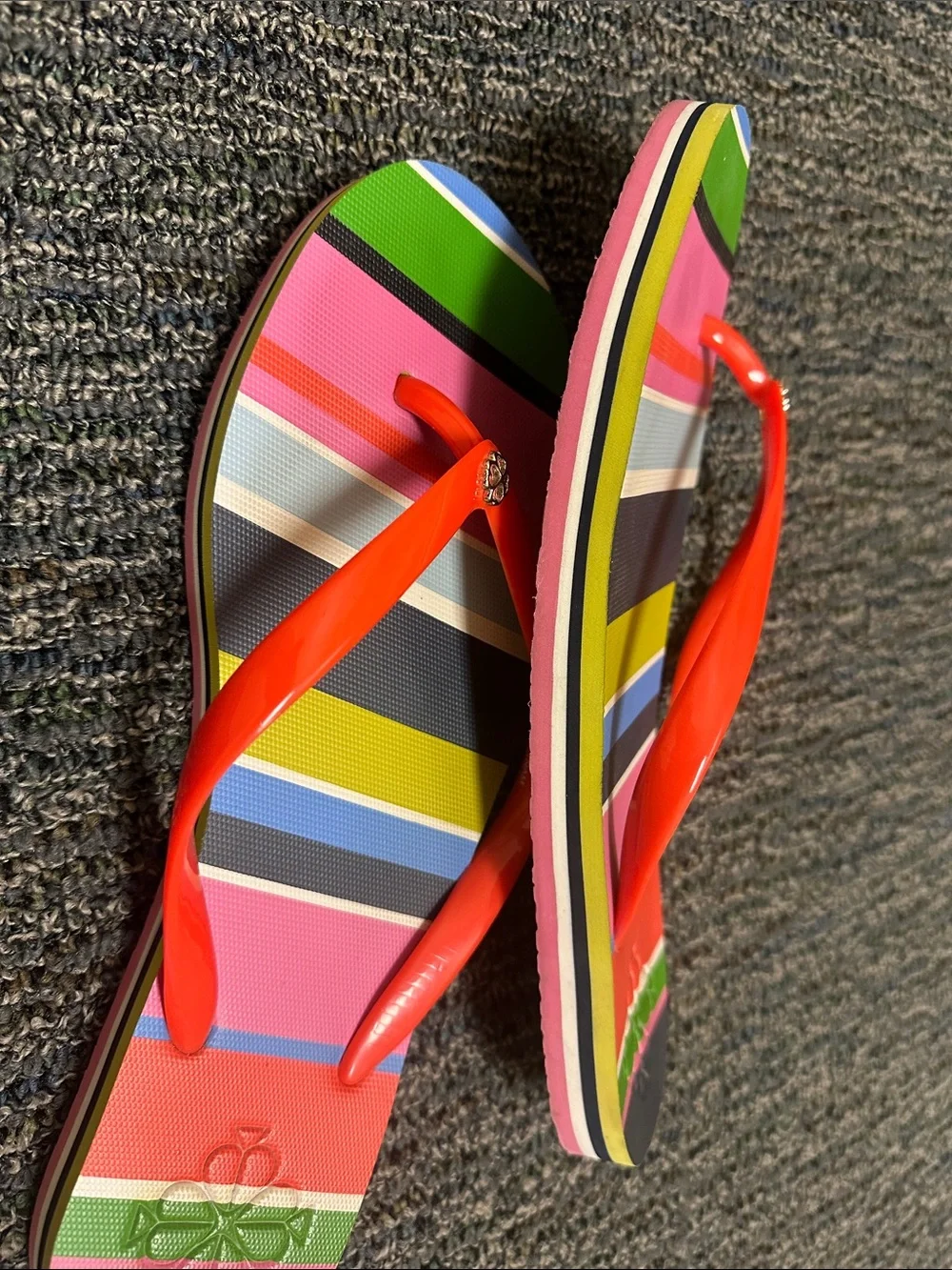 kate spade Multicolor Striped Flip Flops with Bright Orange Straps